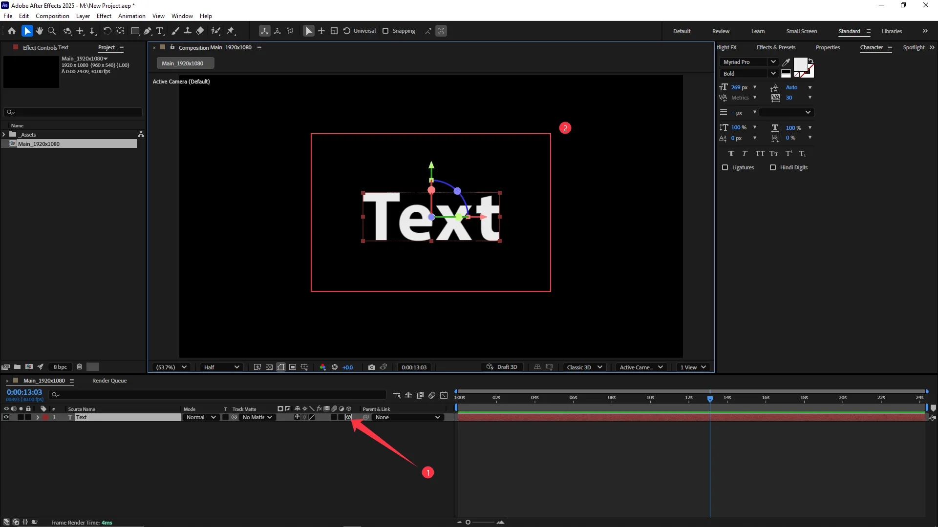 3D layer switch enabled for the text layer in the timeline, with 3D transform controls visible on the text in the Composition panel.