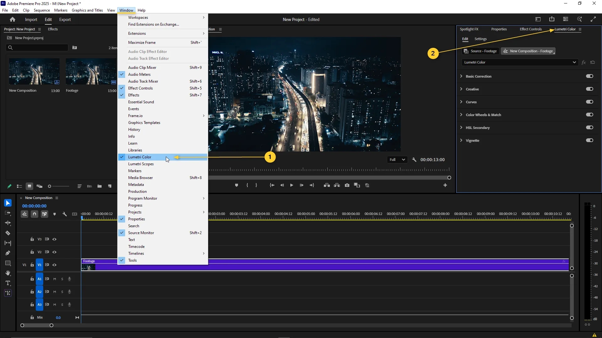 The Lumetri Color panel is activated from the Window menu in Adobe Premiere Pro, with a video clip selected in the timeline and visible in the Program Monitor.