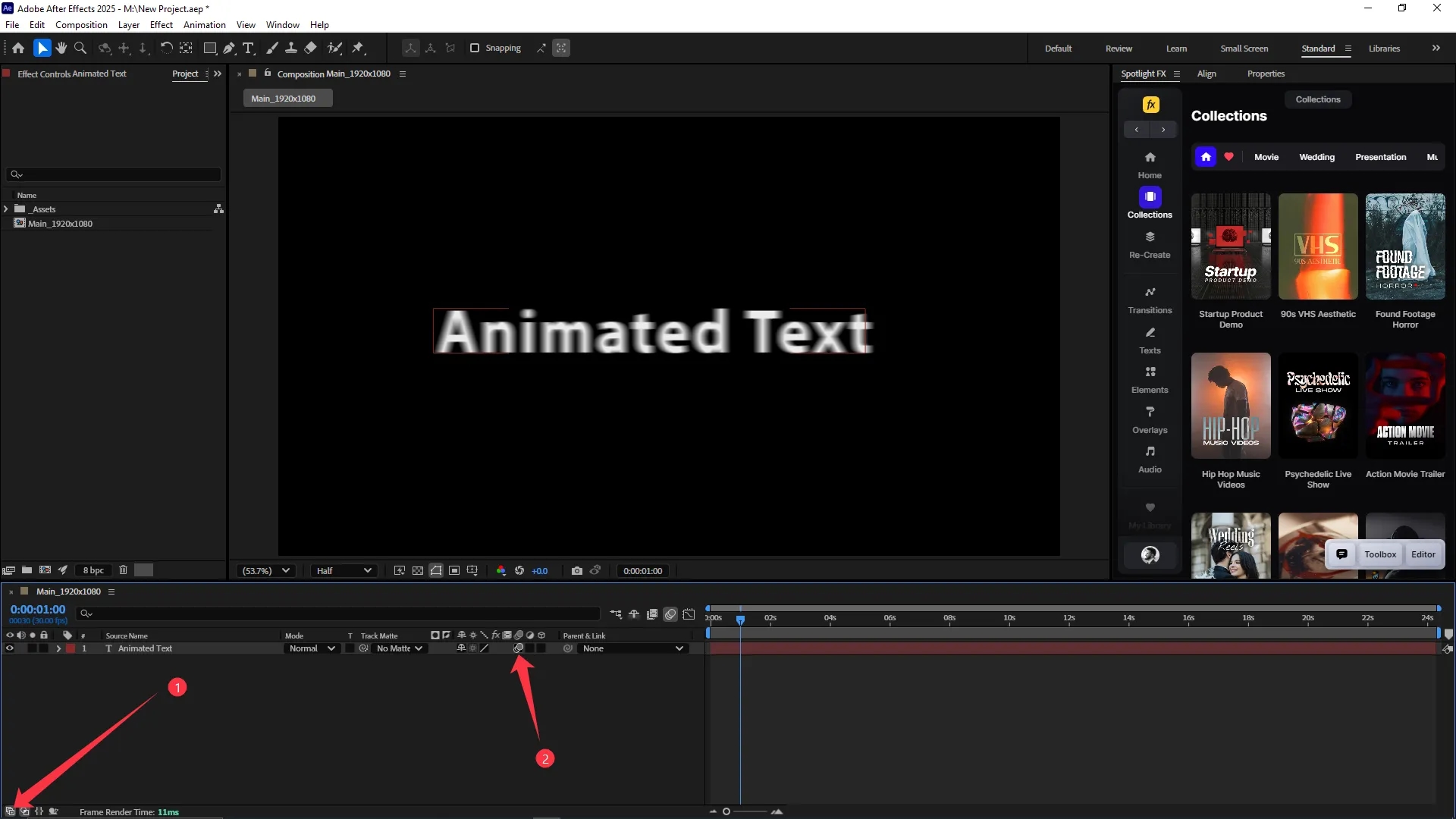 After Effects interface with a composition containing animated text, showing the motion blur switch enabled for the layer and the global motion blur button activated in the timeline panel.