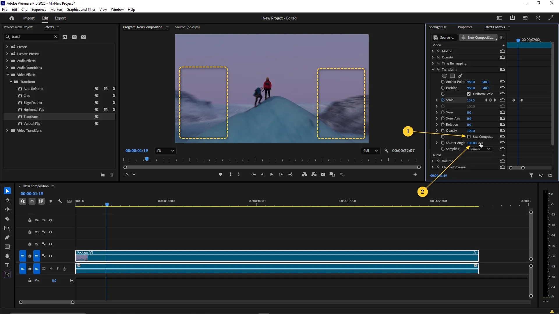 The Effect Controls panel shows the Transform effect with Use Composition Shutter Angle unchecked and Shutter Angle set to 180 to enable motion blur on a scaled video clip.