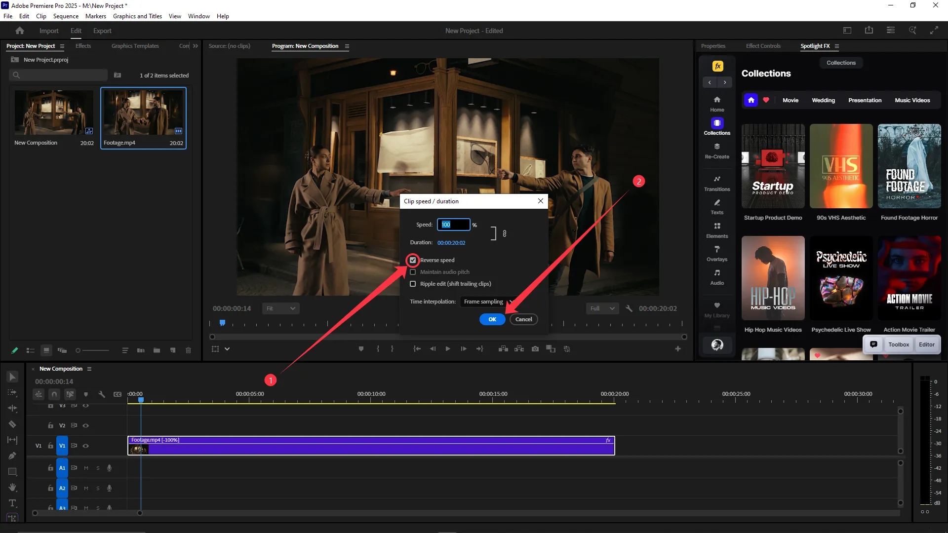 The Reverse Speed checkbox is selected in the Clip Speed/Duration dialog box, with the video clip highlighted in the timeline on track V1.