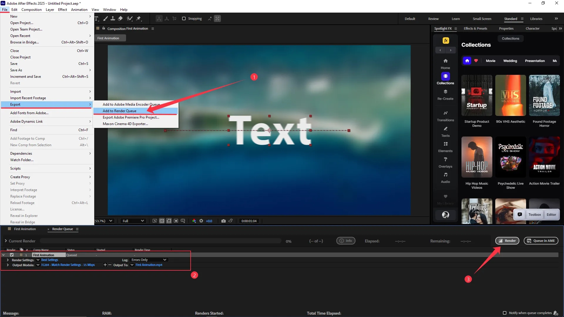 File menu with Add to Render Queue selected and render settings displayed at the bottom panel with output module and render button visible