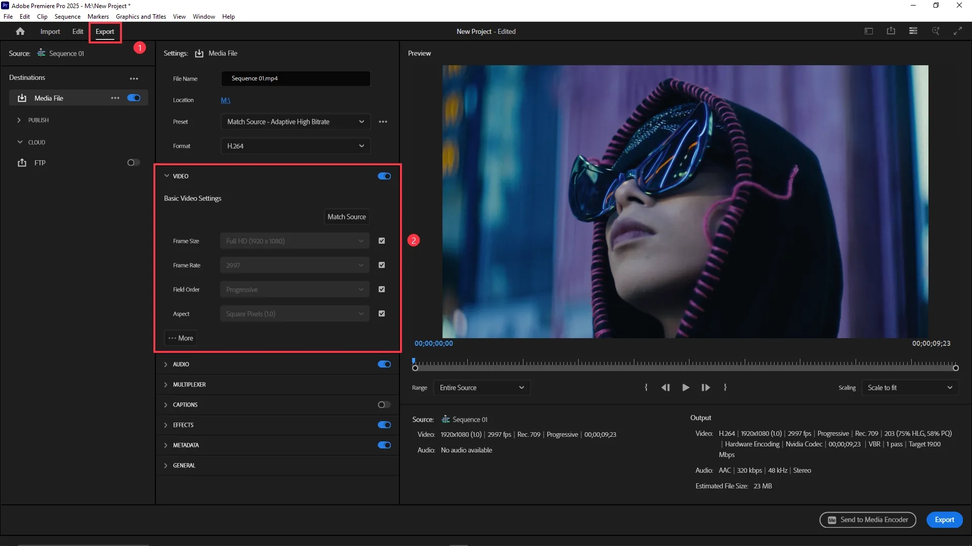 Export tab open with Basic Video Settings section expanded showing frame size set to 1920x1080 and aspect set to Square Pixels.