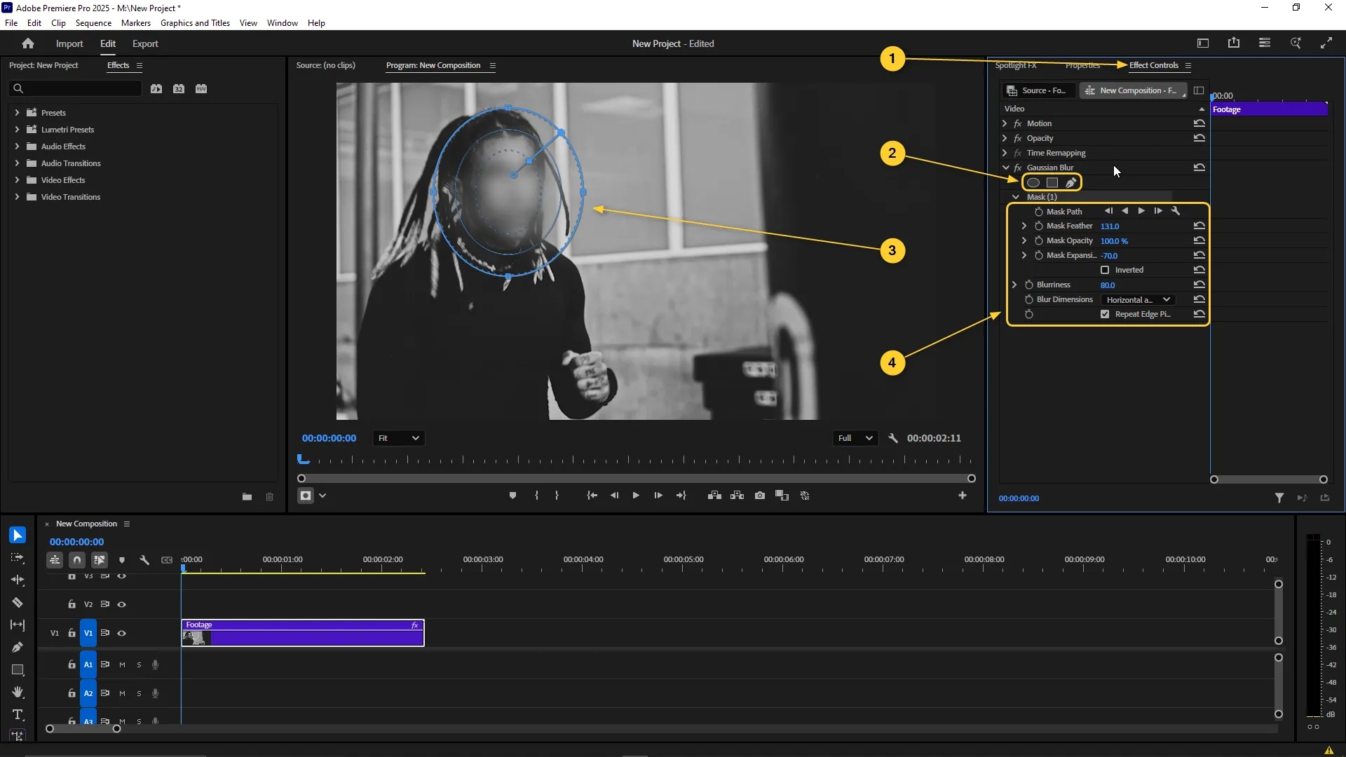 Effect Controls panel showing Gaussian Blur with an elliptical mask applied to a subject's face in the Program Monitor