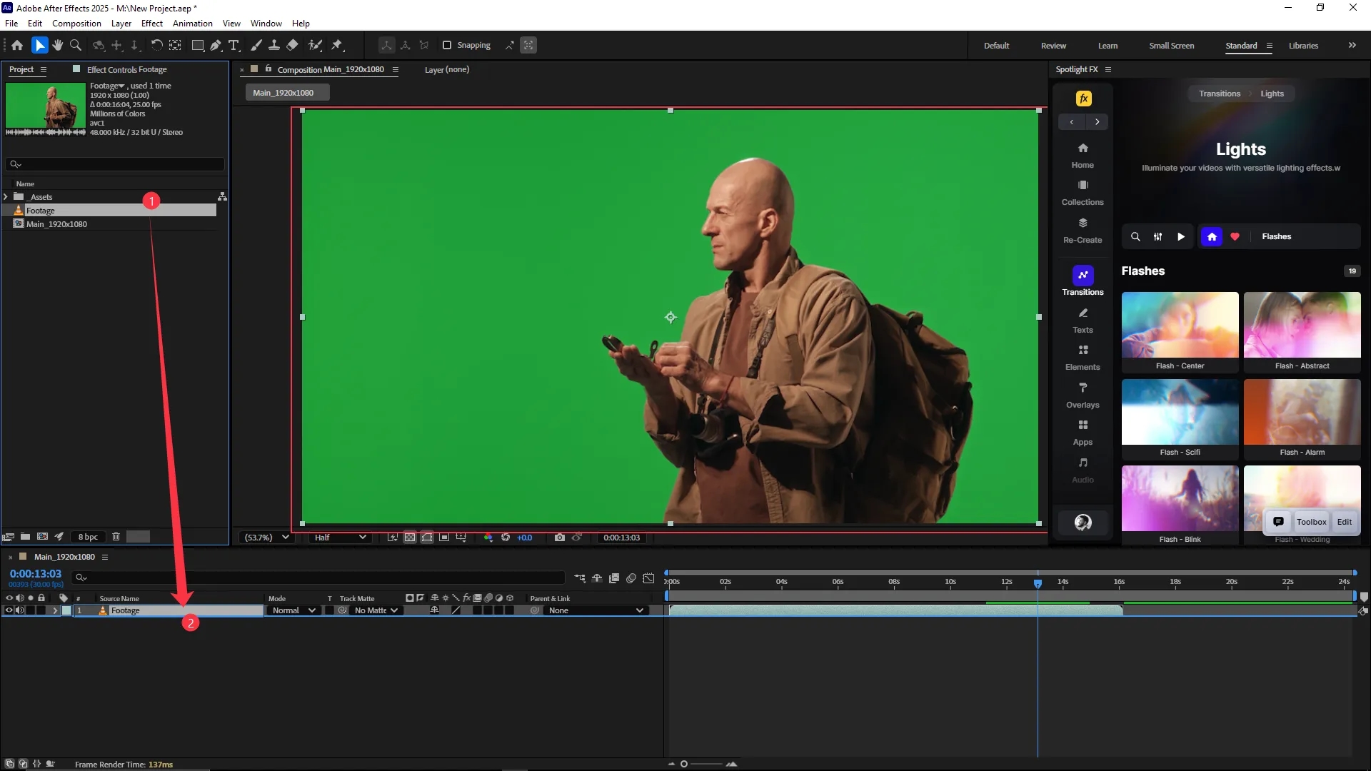 A green screen video clip of a man is displayed in the Composition panel, with the same footage selected in both the Project panel and the Timeline panel in Adobe After Effects.