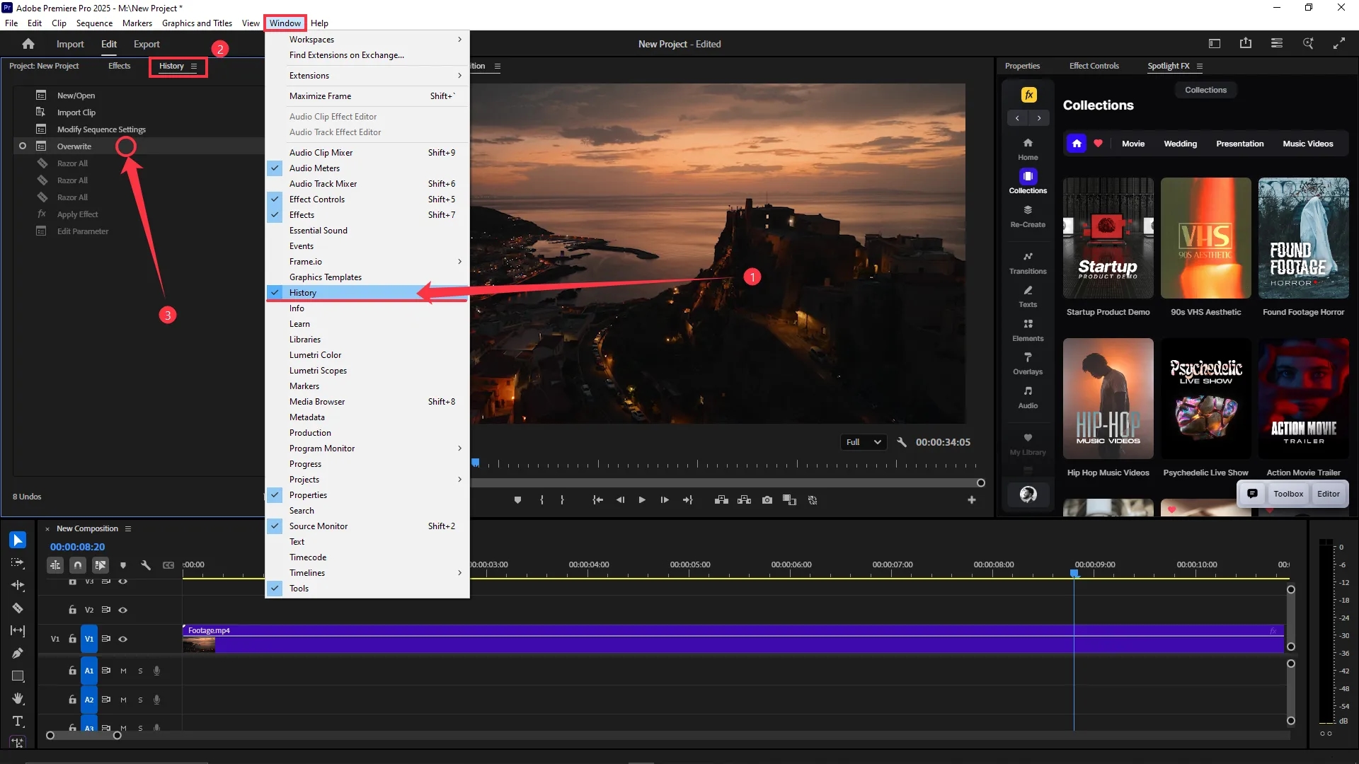 The Window menu is open in Adobe Premiere Pro with the History panel selected and visible on the left, showing a list of recent actions including "Overwrite" and "Modify Sequence Settings."