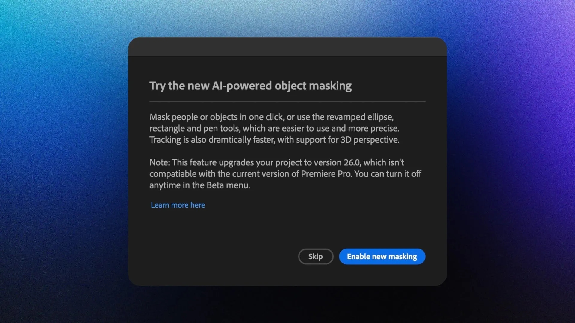 Premiere Pro Beta pop-up introducing the new AI-powered Object Masking feature with masking and tracking options.