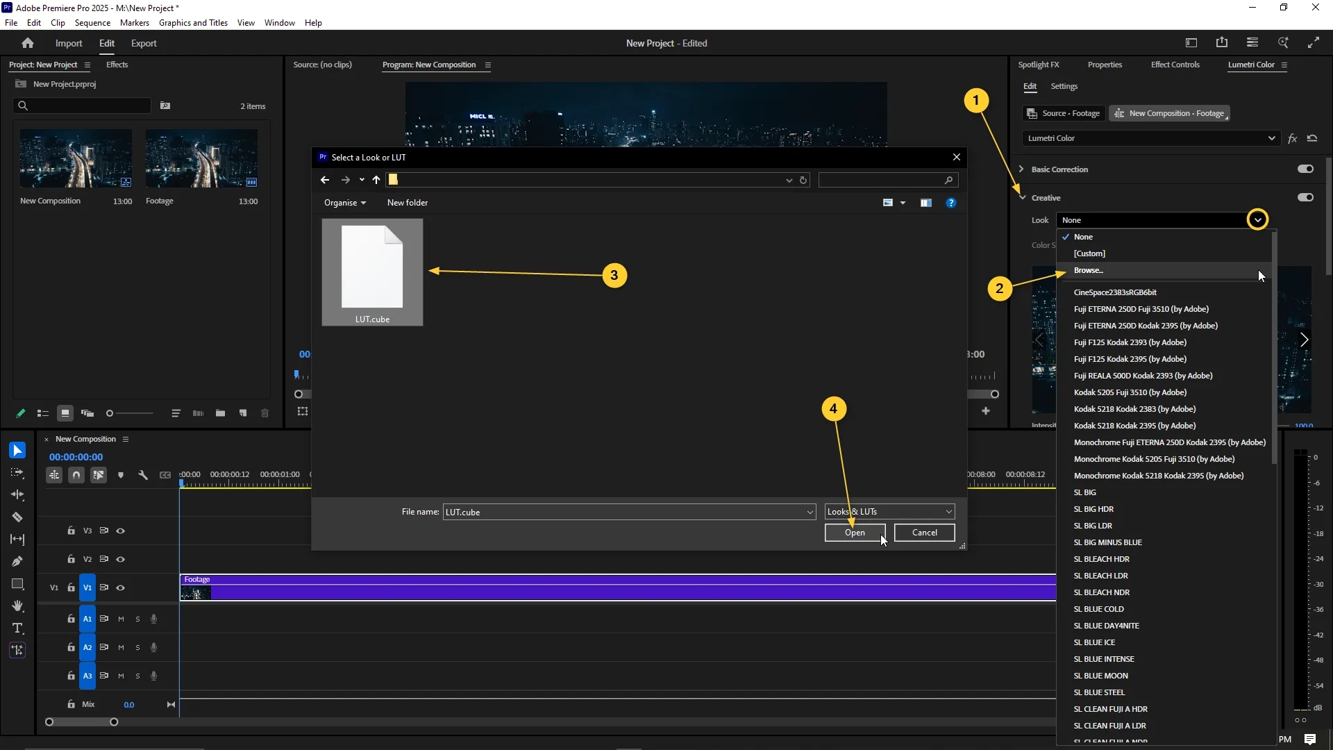 The Creative section of the Lumetri Color panel is expanded, showing the Look dropdown menu with the Browse option selected and a file browser window open to import a .cube LUT file.