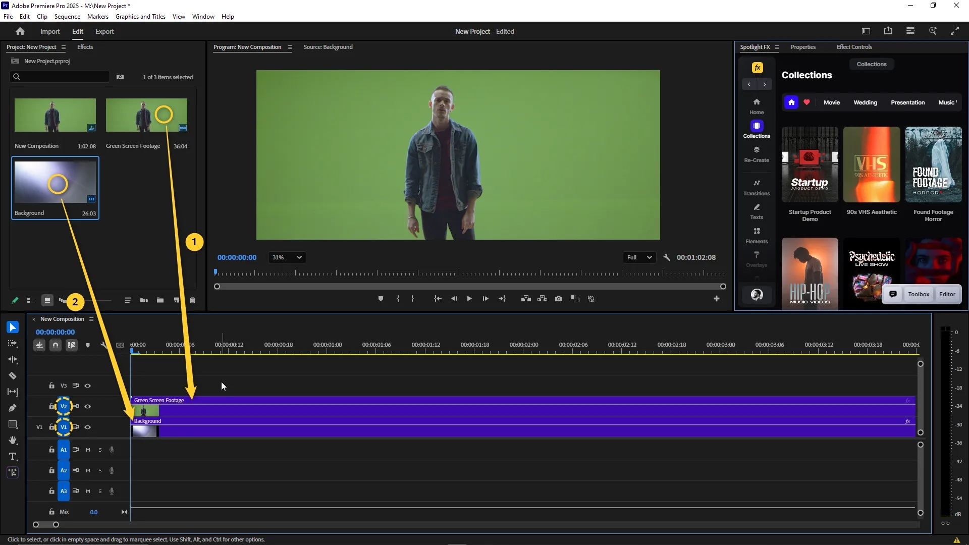 The Premiere Pro interface shows two video clips in the project panel, with the "Green Screen Footage" clip placed on track V2 and the "Background" clip on track V1 in the timeline. The program monitor displays a man standing in front of a green screen.