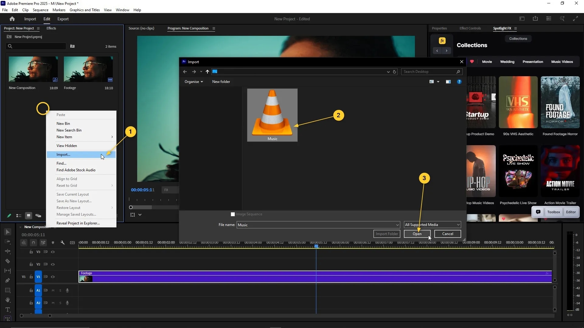 Project panel with right-click menu open showing the Import option, file explorer window displaying a music file selected for import, and timeline with a video clip on V1 and A1 tracks.