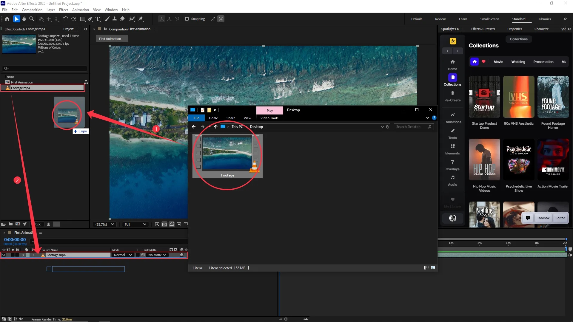 Video file dragged from desktop into After Effects project panel and placed on the timeline within an open composition