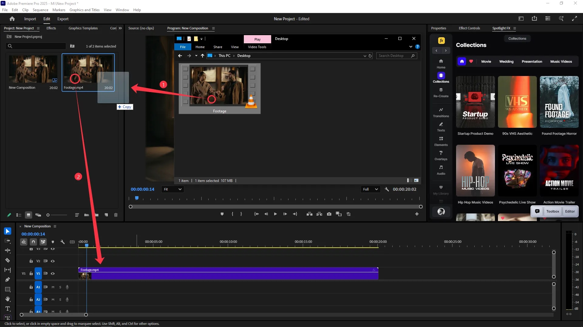 A video file is dragged from the media browser into the timeline on track V1 in Adobe Premiere Pro, with the clip labeled "Footage.mp4" placed in the sequence.