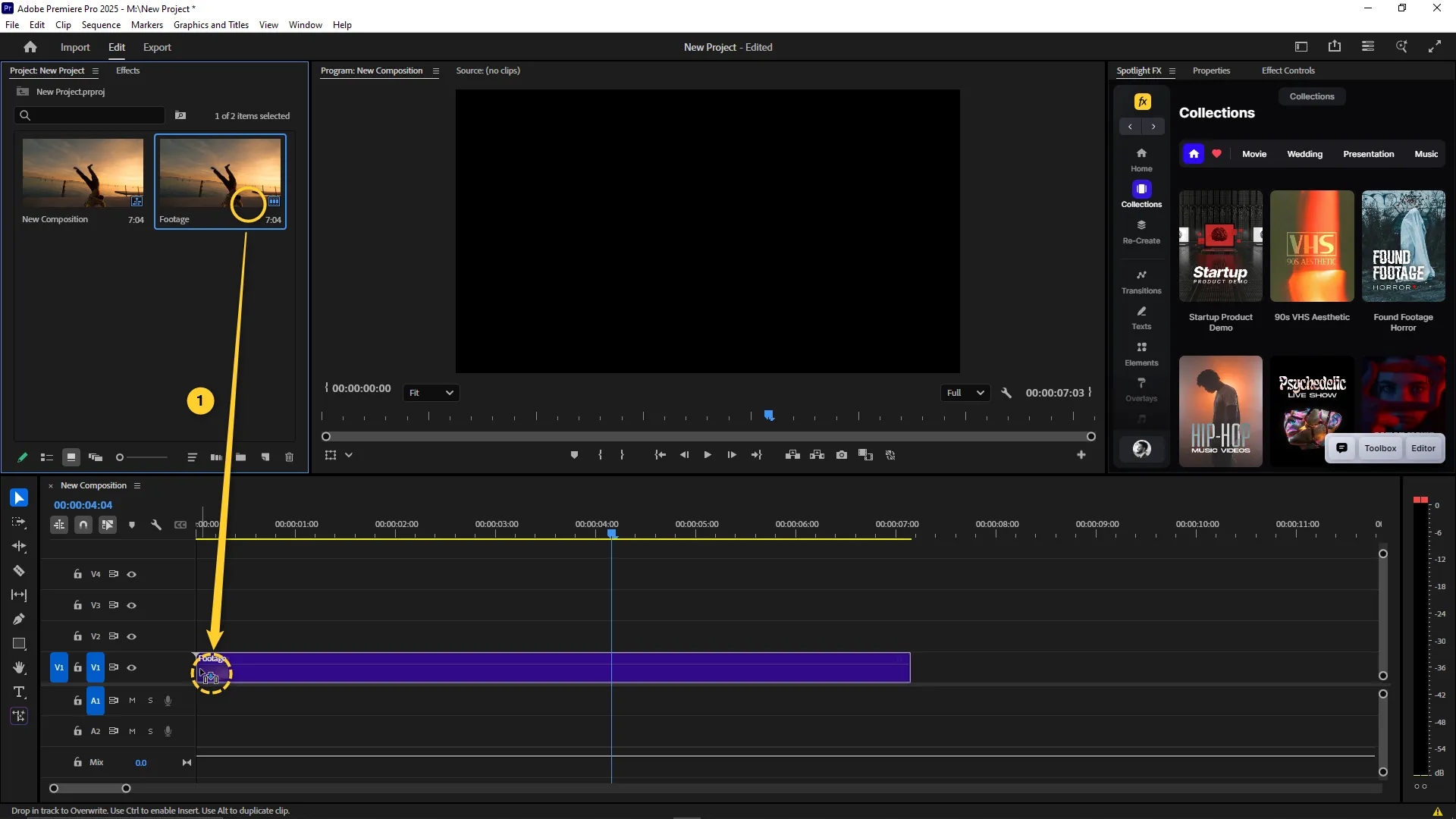A video clip named "Footage" is selected in the Project panel and dragged into the V1 track of the timeline to begin editing for rotation in Adobe Premiere Pro.