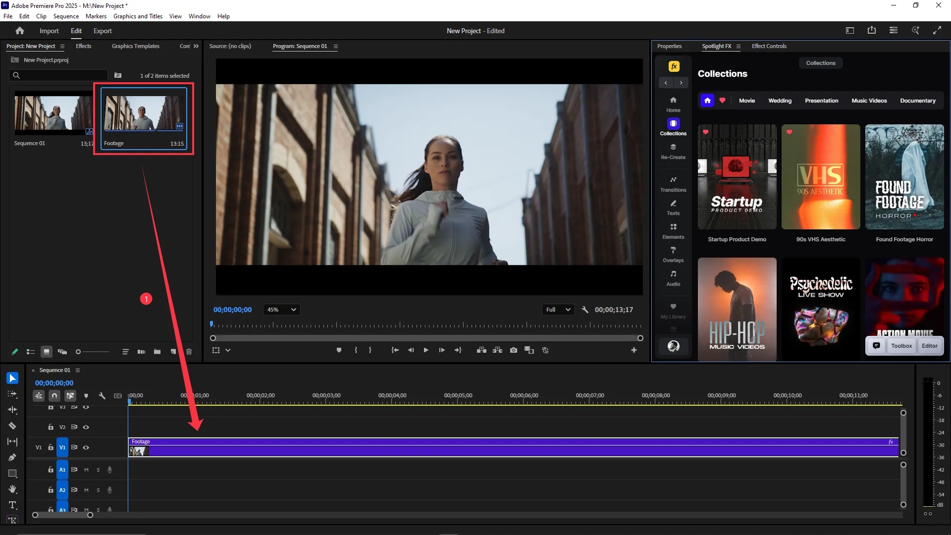 A video clip labeled "Footage" is selected in the Project panel and dragged into the timeline on track V1 in Adobe Premiere Pro. The Program Monitor displays a woman running between brick buildings.