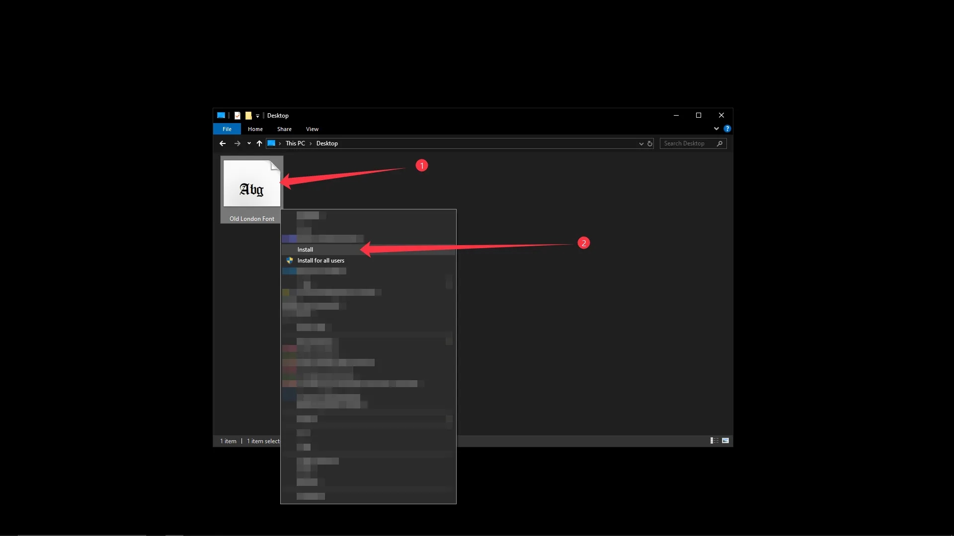 Windows File Explorer showing a font file on the desktop with the right-click context menu open and the "Install" and "Install for all users" options highlighted.