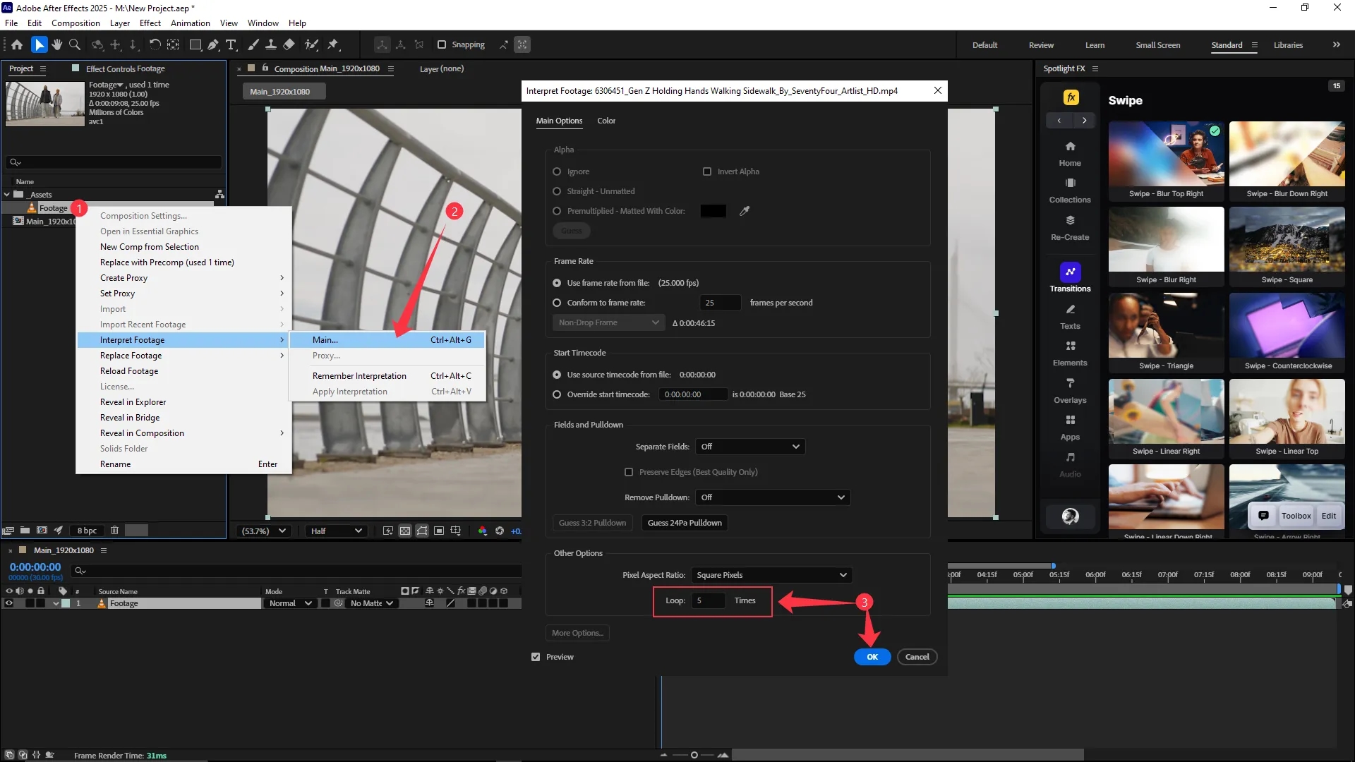 Interpret Footage settings window in Adobe After Effects with the Loop option set to 5 times, accessed from the Project panel by right-clicking on a video file and selecting Main under Interpret Footage.
