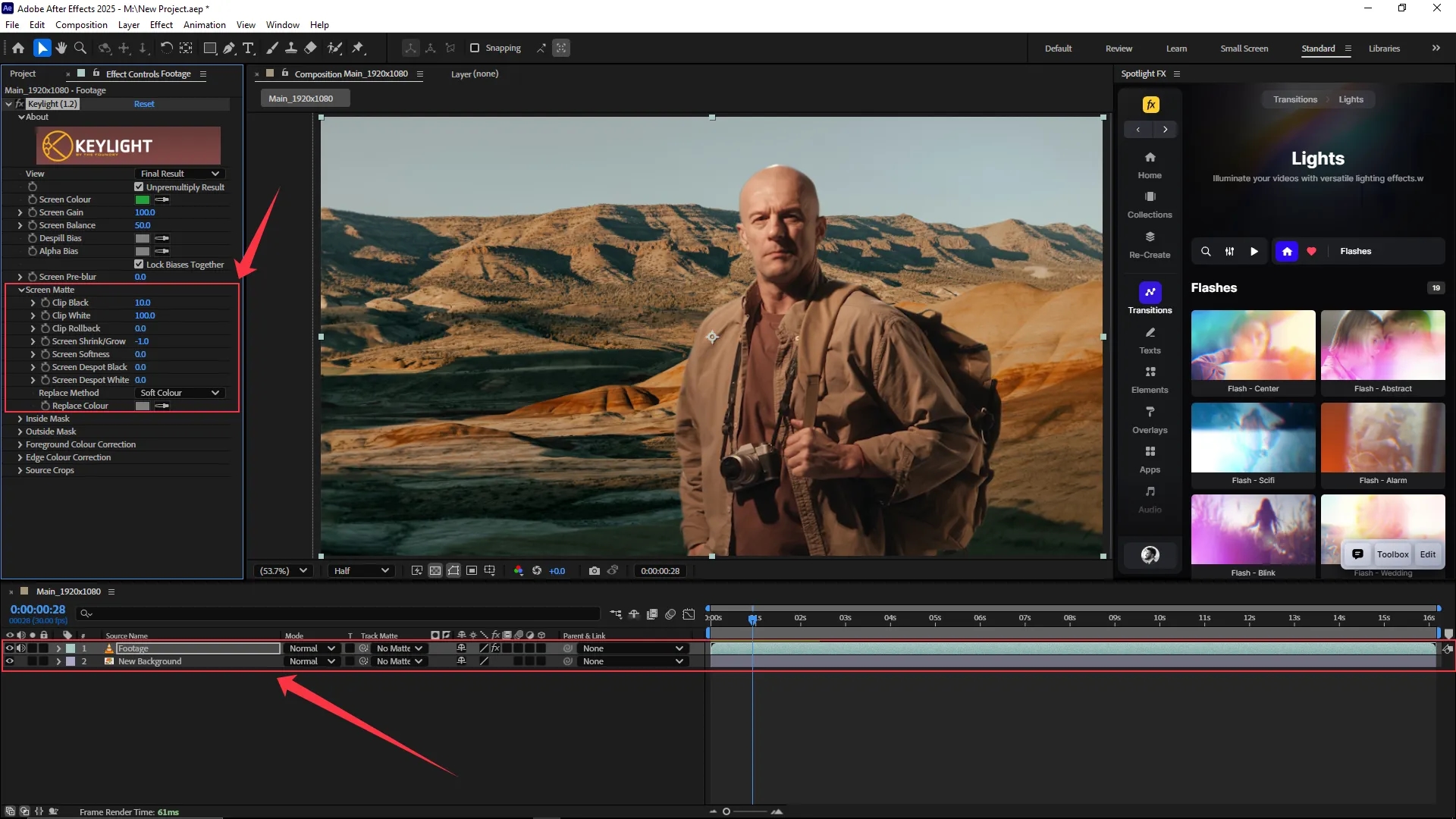 The Keylight effect settings are expanded in the Effect Controls panel, and a new background image is placed below the keyed footage layer in the Timeline panel, showing the subject composited over a desert landscape.