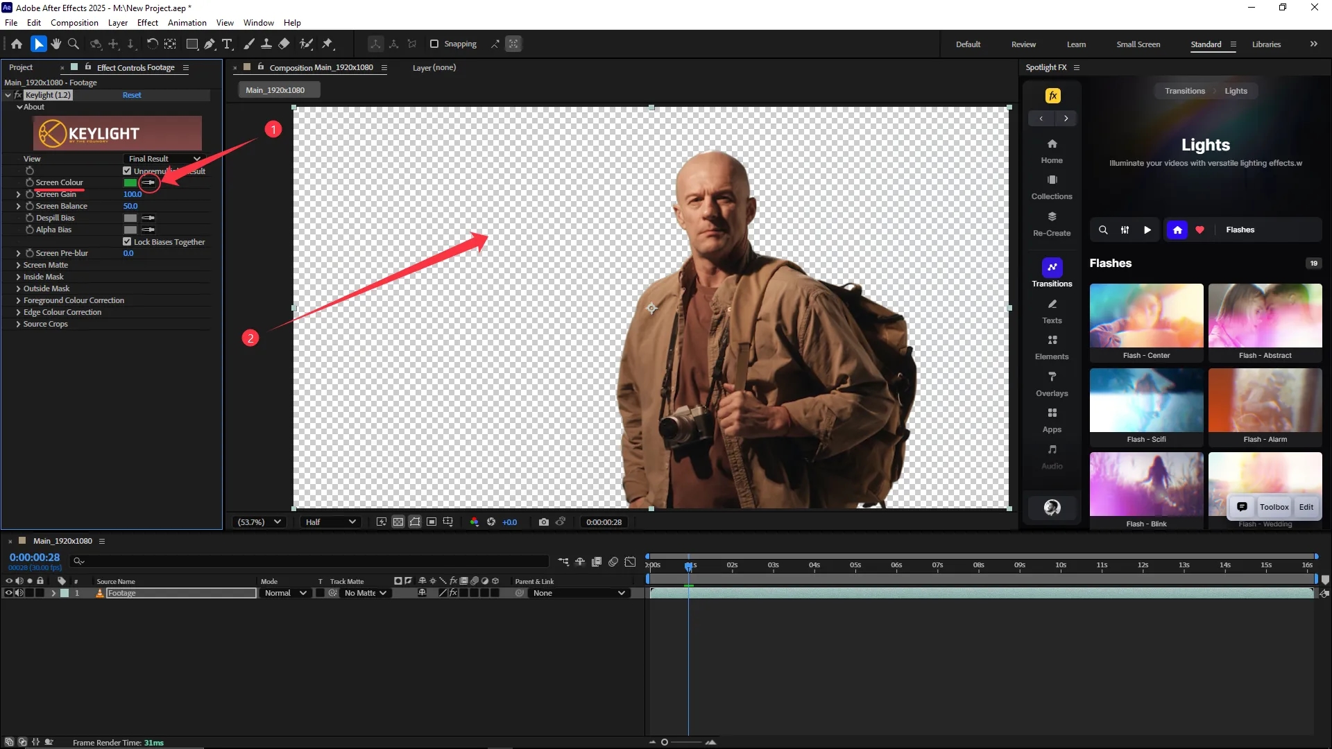 The Keylight (1.2) effect is applied with the green screen color selected, removing the background and showing a transparent checkerboard pattern behind the subject in the Composition panel.