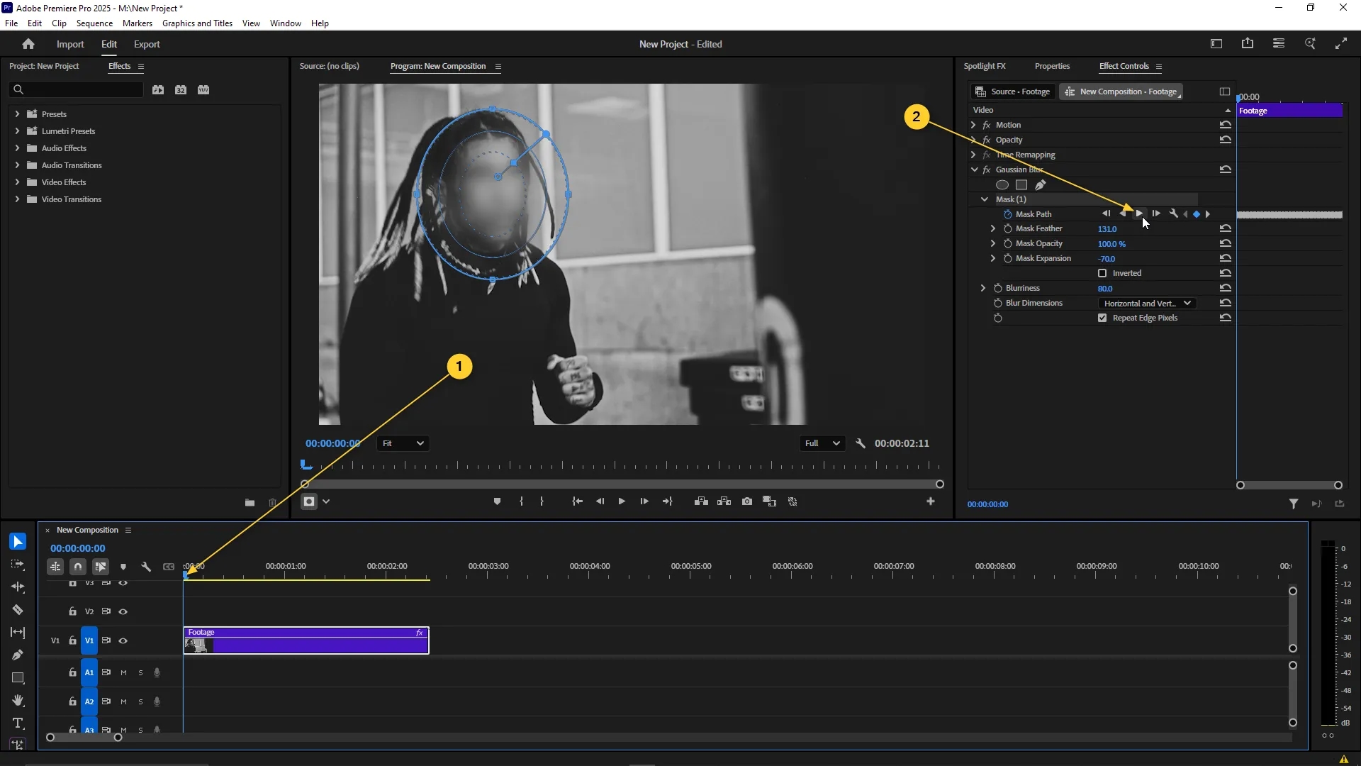 Mask path keyframe added at the beginning of the timeline with an elliptical mask tracked over a moving subject in the Effect Controls panel