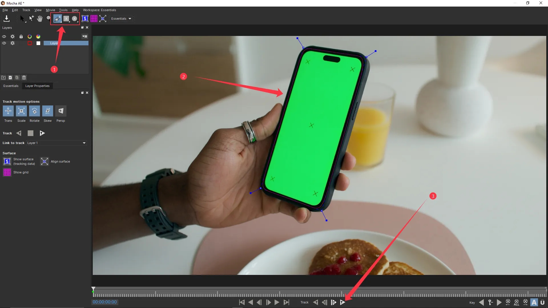 The Mocha AE interface with a planar surface tracked on a green screen phone, showing the X-spline tool selected, tracking area defined around the phone screen, and playback controls at the bottom for tracking.