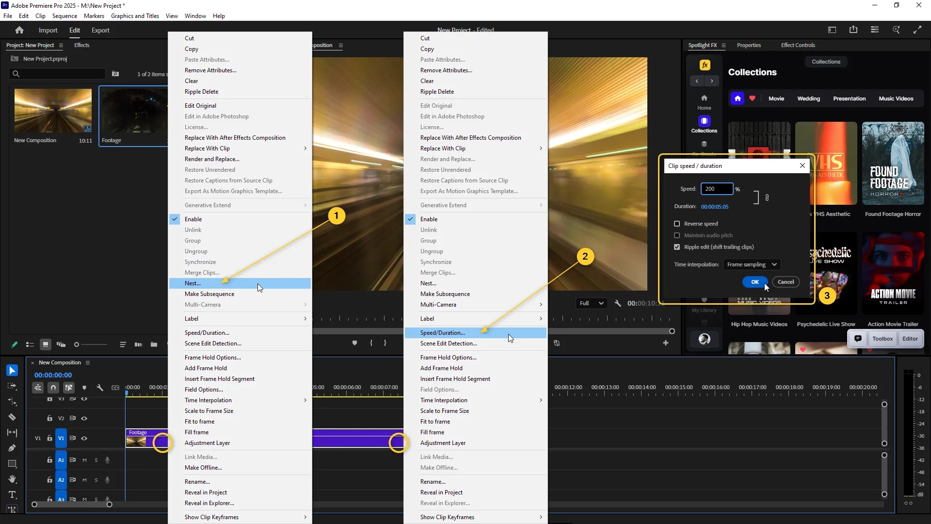 Two right-click context menus in Premiere Pro showing the "Nest" and "Speed/Duration" options, with the Clip Speed/Duration dialog box set to 200 percent speed.