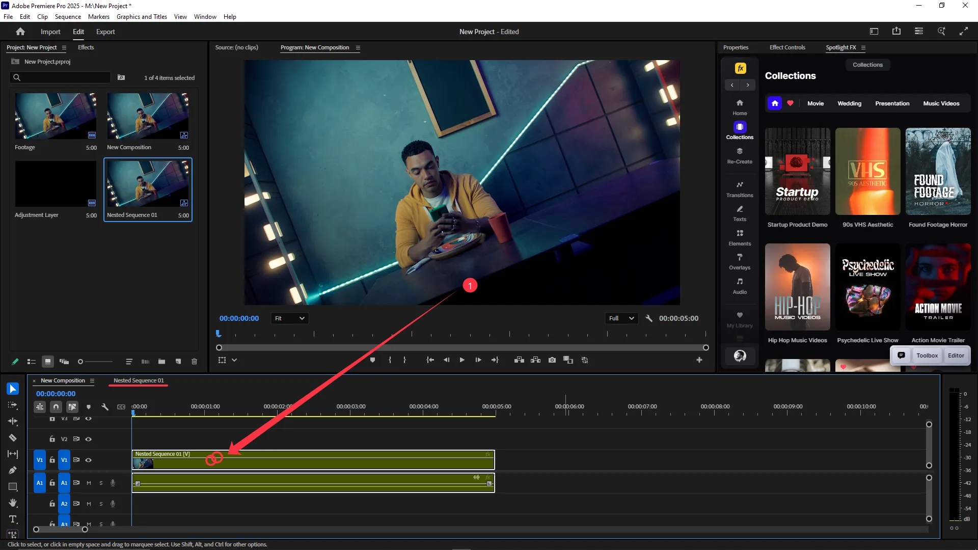 Timeline panel showing a nested sequence clip labeled "Nested Sequence 01" on video track V1 and audio track A1, with a red arrow pointing from the Program Monitor to the nested clip.