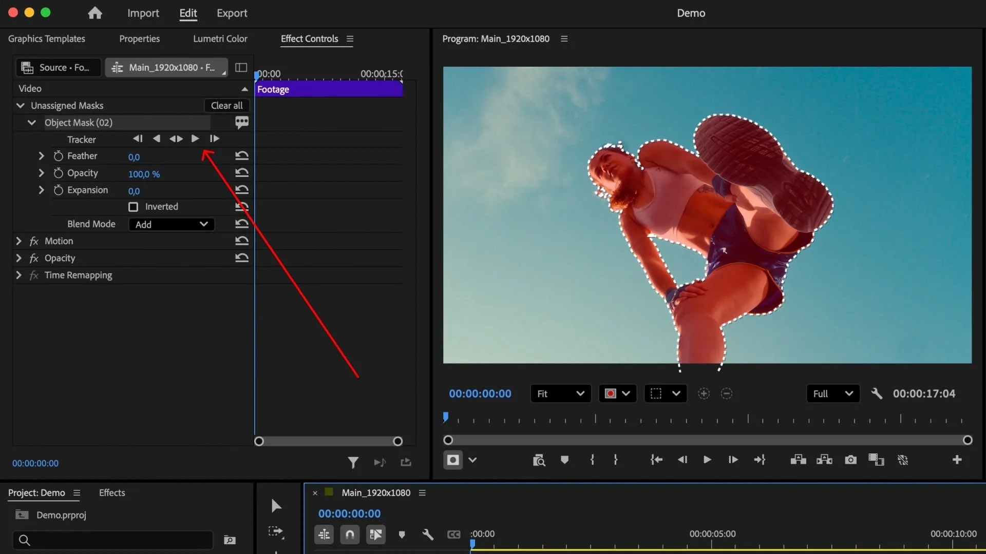 Effect Controls panel showing Object Mask with tracking options and mask properties, and Program Monitor displaying a masked subject with dotted outline