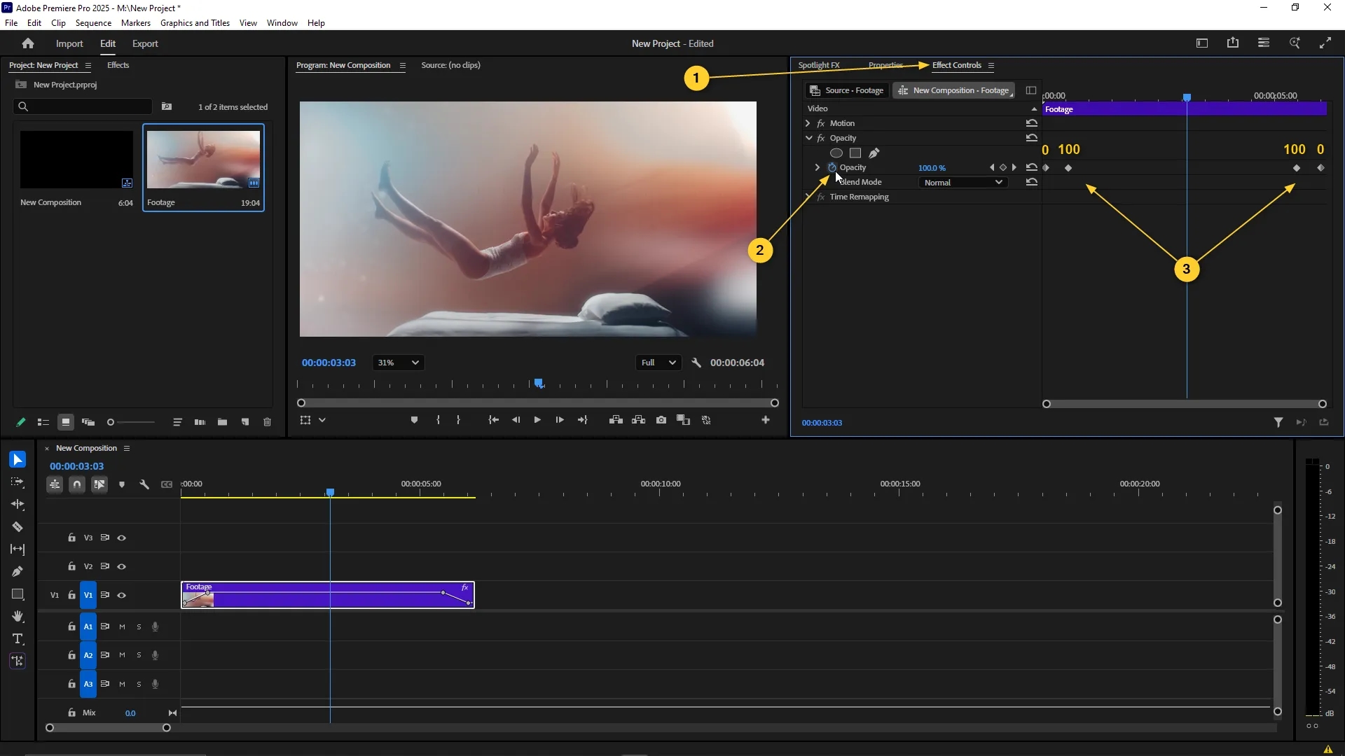 The Effect Controls panel is open with Opacity keyframes set to fade out a video clip, showing the opacity value decreasing from 100% to 0% at the end of the timeline.