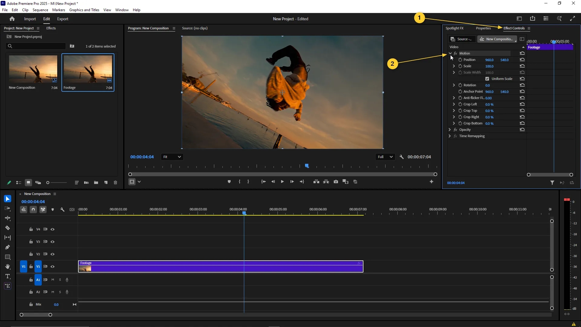 The Effect Controls panel is open with the Motion section expanded, showing the Rotation property for the selected video clip in the timeline.