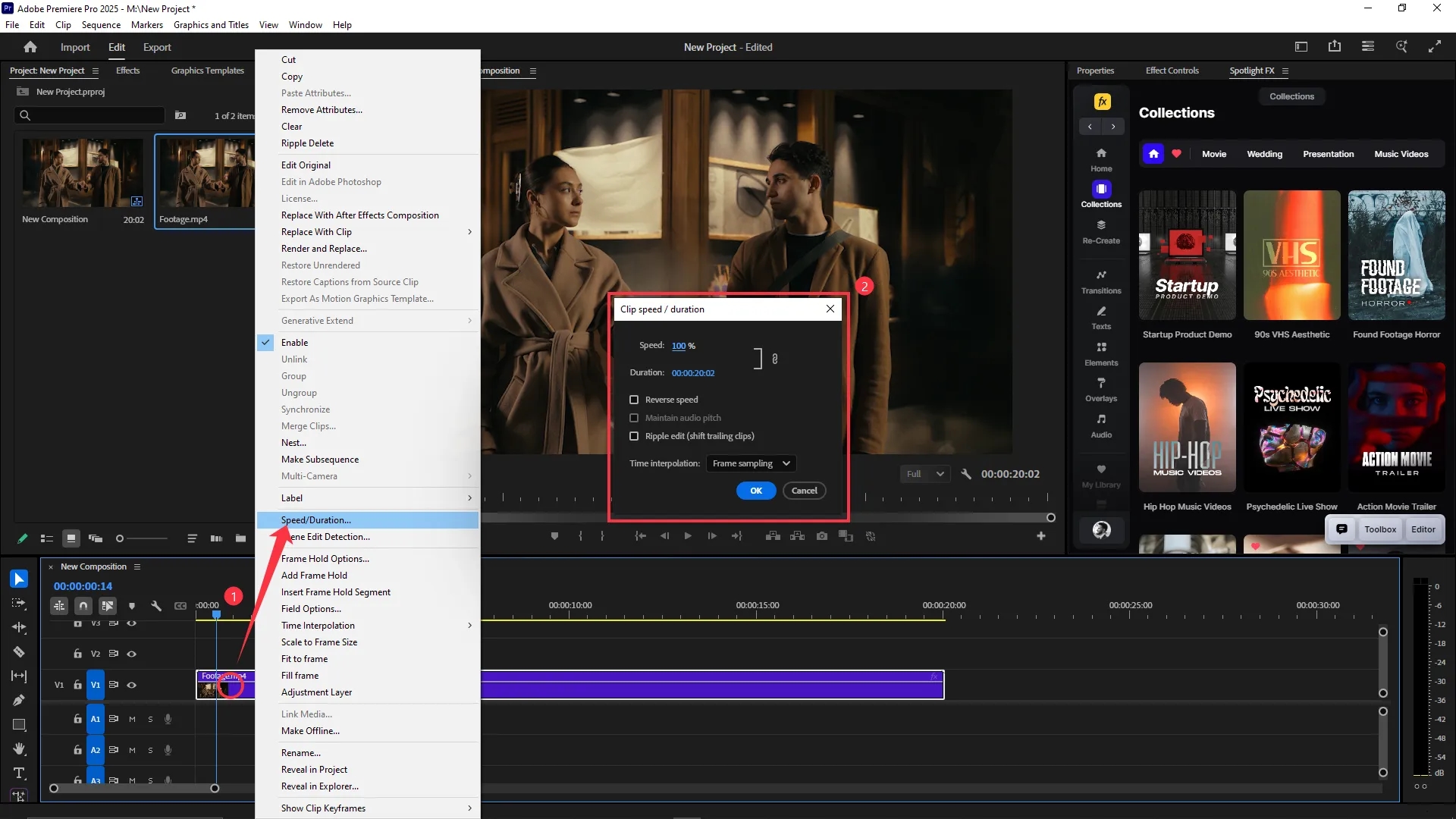 The Speed/Duration dialog box is open after right-clicking a video clip in the timeline, showing options to change speed, reverse speed, and adjust time interpolation.