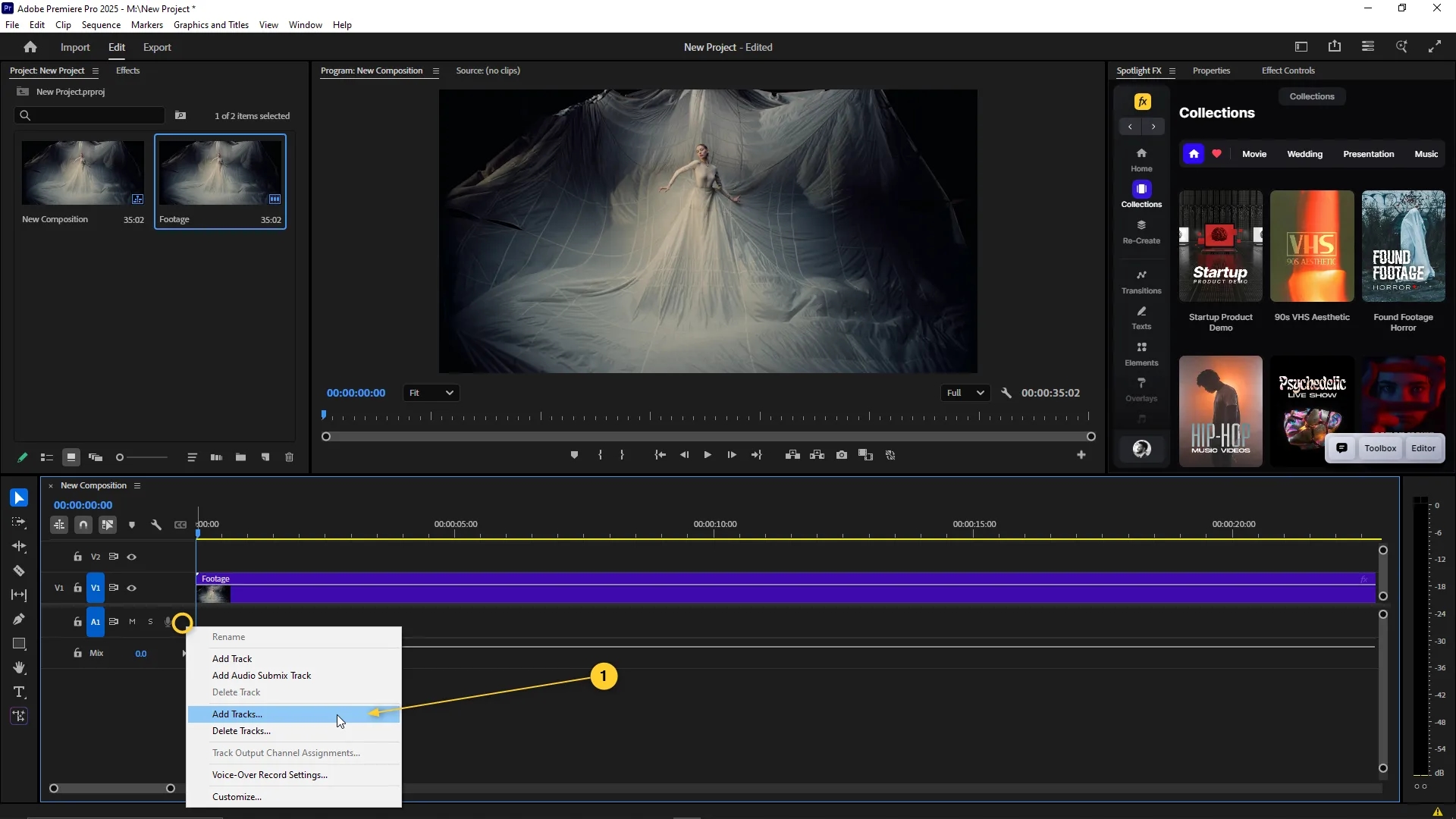 Timeline panel with right-click menu open on the audio track area, showing the cursor hovering over the "Add Tracks" option.