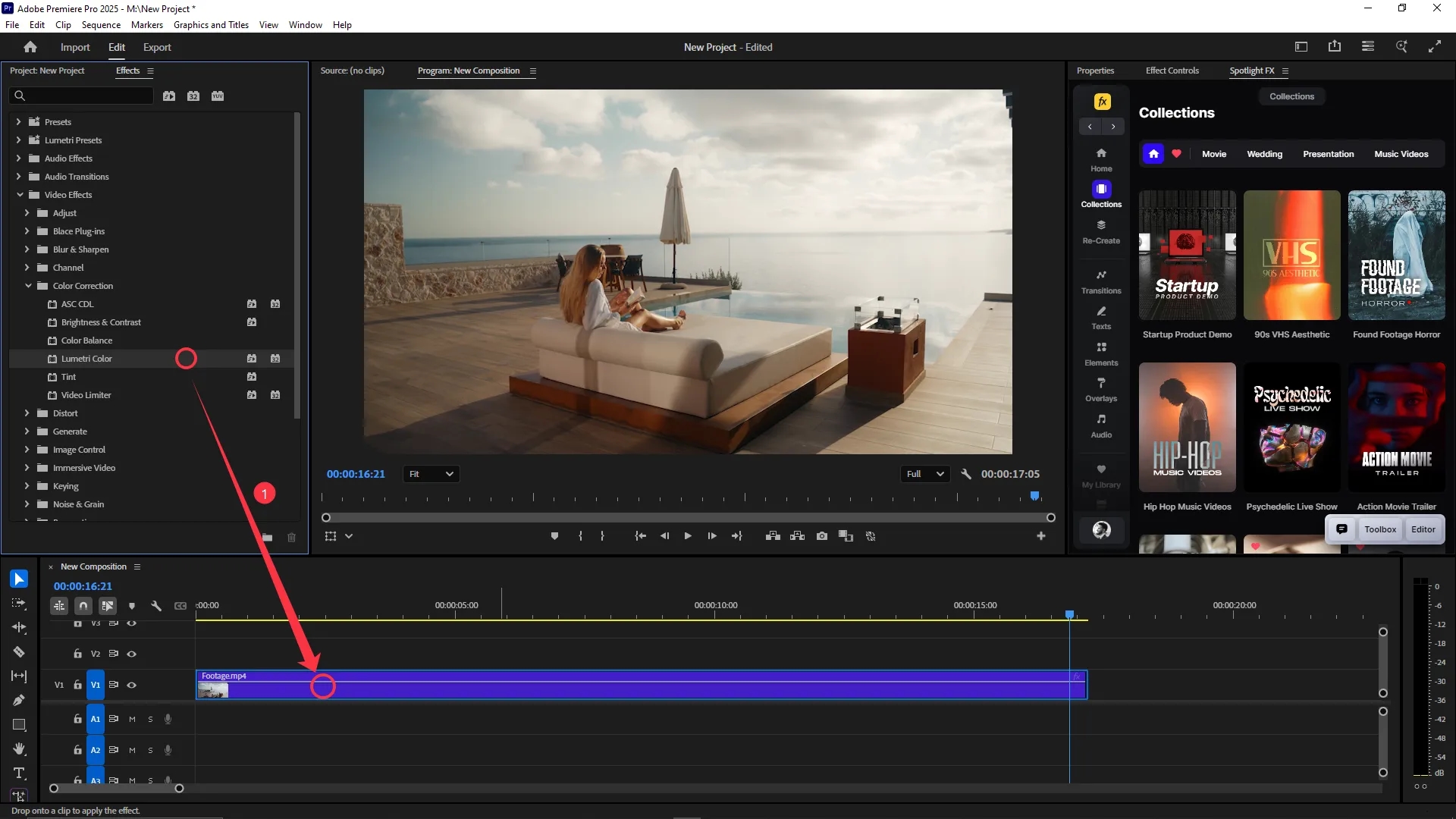 The Lumetri Color effect from the Effects panel is being dragged and dropped onto a video clip in the timeline.