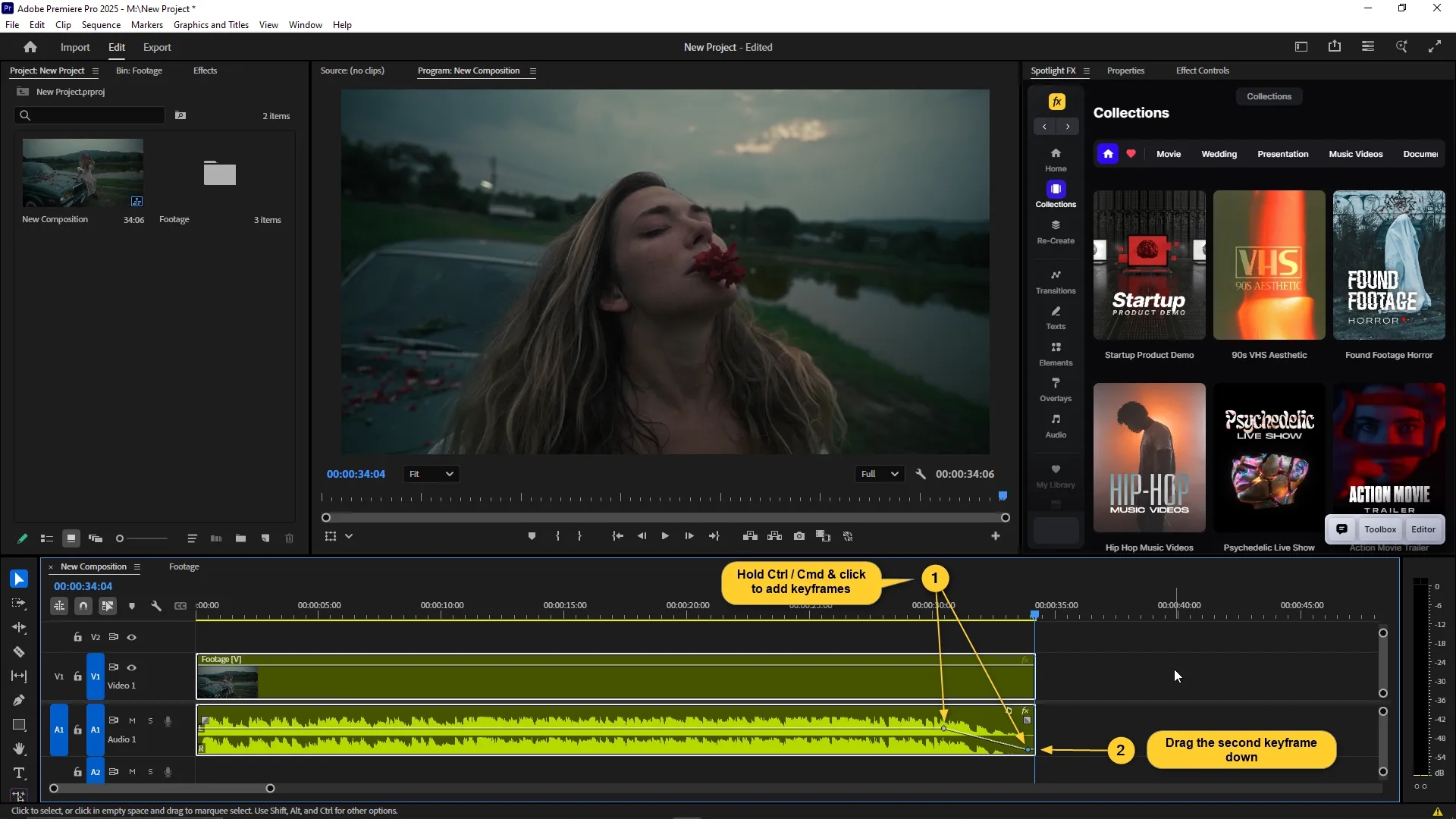 Timeline panel in Adobe Premiere Pro showing an audio clip with two keyframes added at the end, with the second keyframe dragged down to create a fade-out effect.