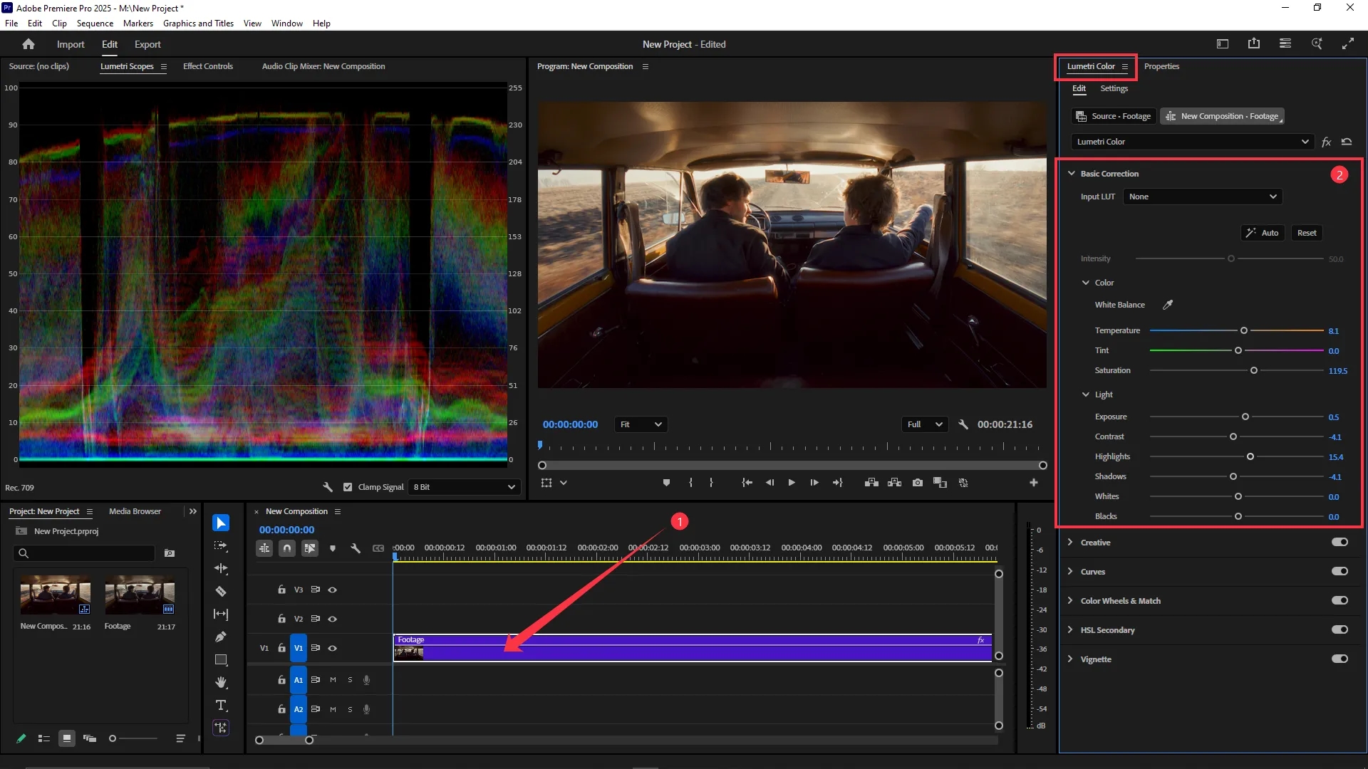 The Lumetri Color panel is open with the Basic Correction section expanded, showing adjustments for white balance, saturation, exposure, contrast, and other light settings while a video clip is selected on the timeline.