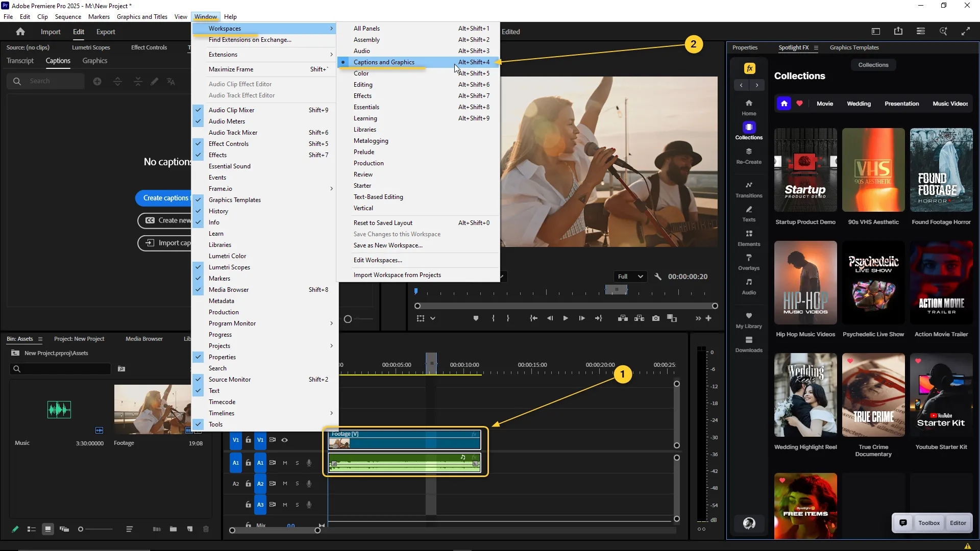 Premiere Pro interface with the Window menu open and Captions and Graphics selected, timeline showing video and audio clips placed on V1 and A1 tracks.