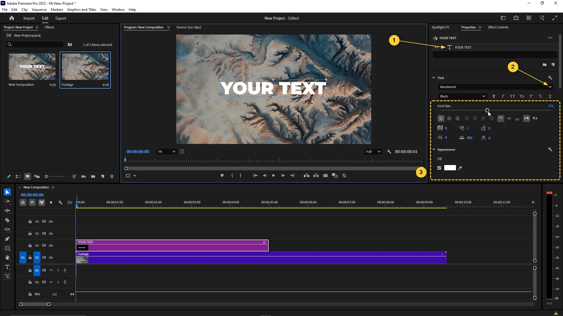 Properties panel showing updated font settings with "YOUR TEXT" selected in the timeline and Program Monitor displaying the new bold font style.