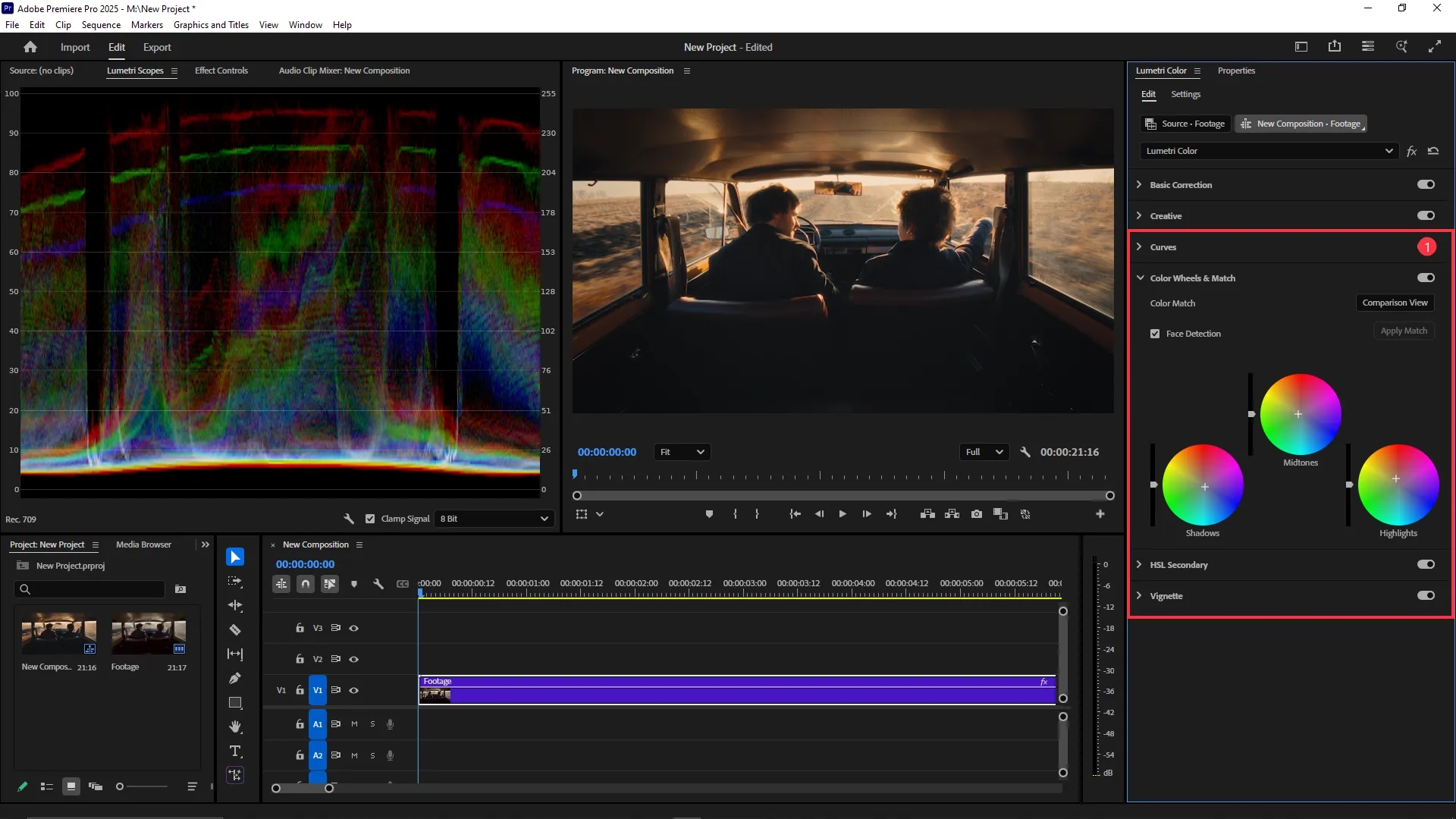 The Color Wheels & Match section of the Lumetri Color panel is expanded, showing three color wheels for shadows, midtones, and highlights along with sliders and face detection enabled.