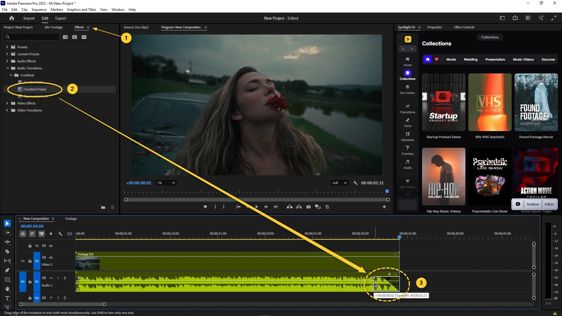 Effects panel open in Premiere Pro with the Constant Power audio transition selected and applied to the end of an audio clip in the timeline to create a fade-out.