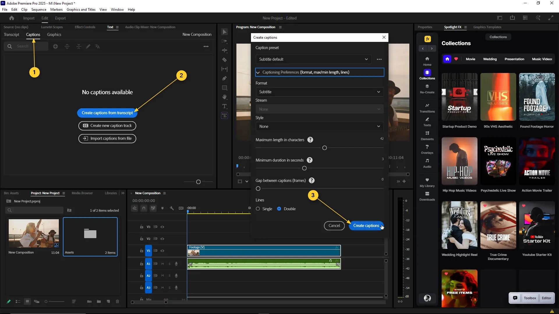 Captions panel in Premiere Pro with the Create captions from transcript button selected and caption settings dialog open showing options like style, duration, and lines.