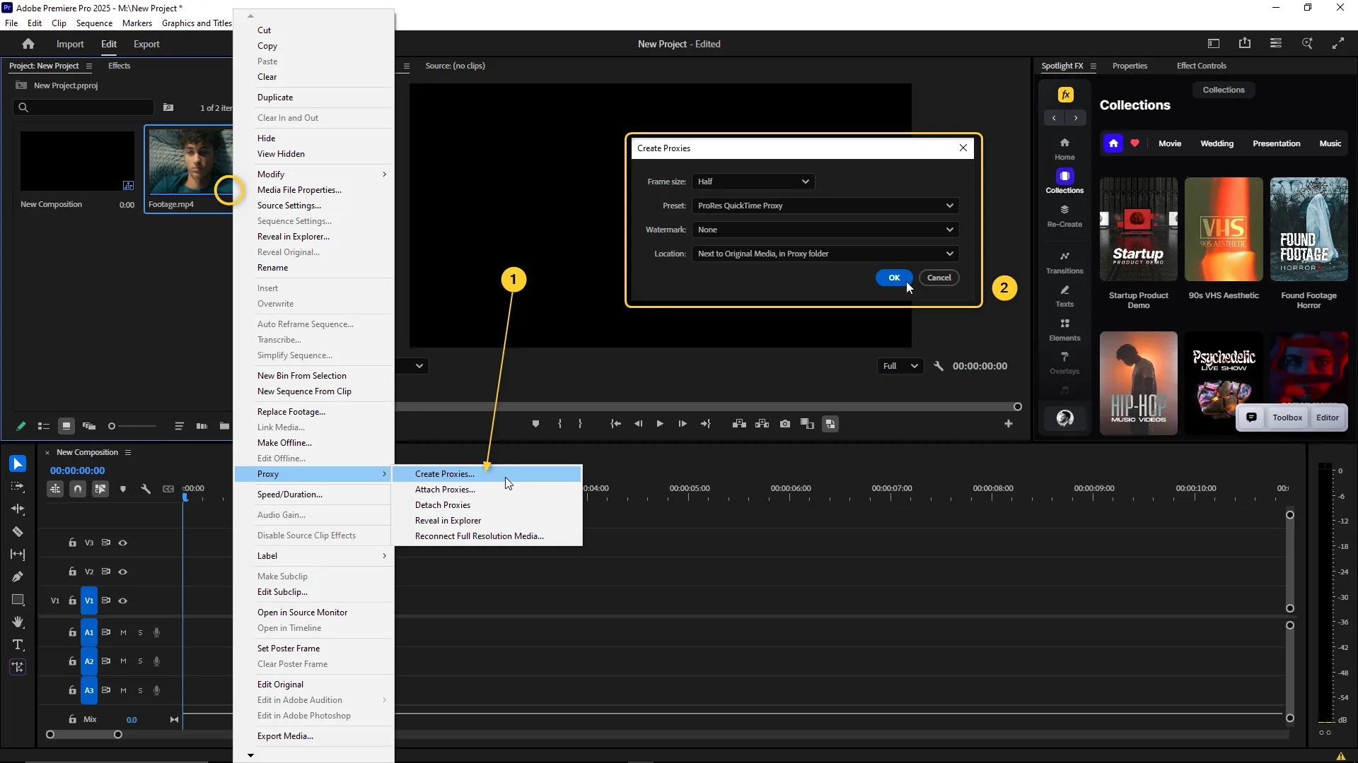 Premiere Pro interface with a right-click menu open on a selected clip in the Project panel showing the Proxy submenu and Create Proxies option, along with the Create Proxies settings window.