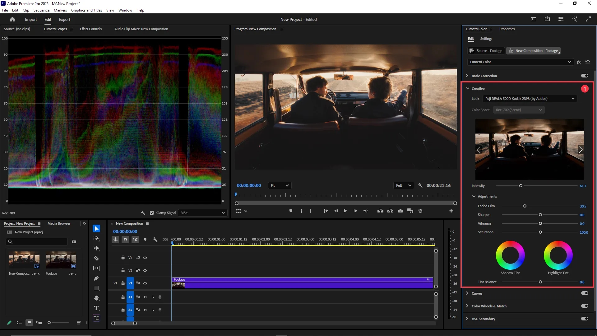 The Creative section of the Lumetri Color panel is expanded, showing a selected Look preset, intensity slider, faded film and saturation adjustments, and color wheels for shadow and highlight tint.
