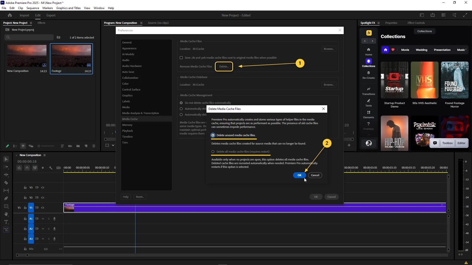 The Media Cache preferences panel is open in Premiere Pro with the Delete button highlighted and the Delete Media Cache Files dialog box showing the option to delete unused media cache files selected.