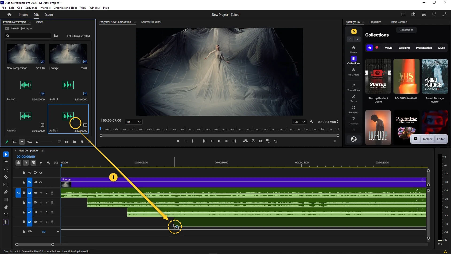 Audio clip from the project panel being dragged into the timeline and placed on a newly added audio track labeled A4.