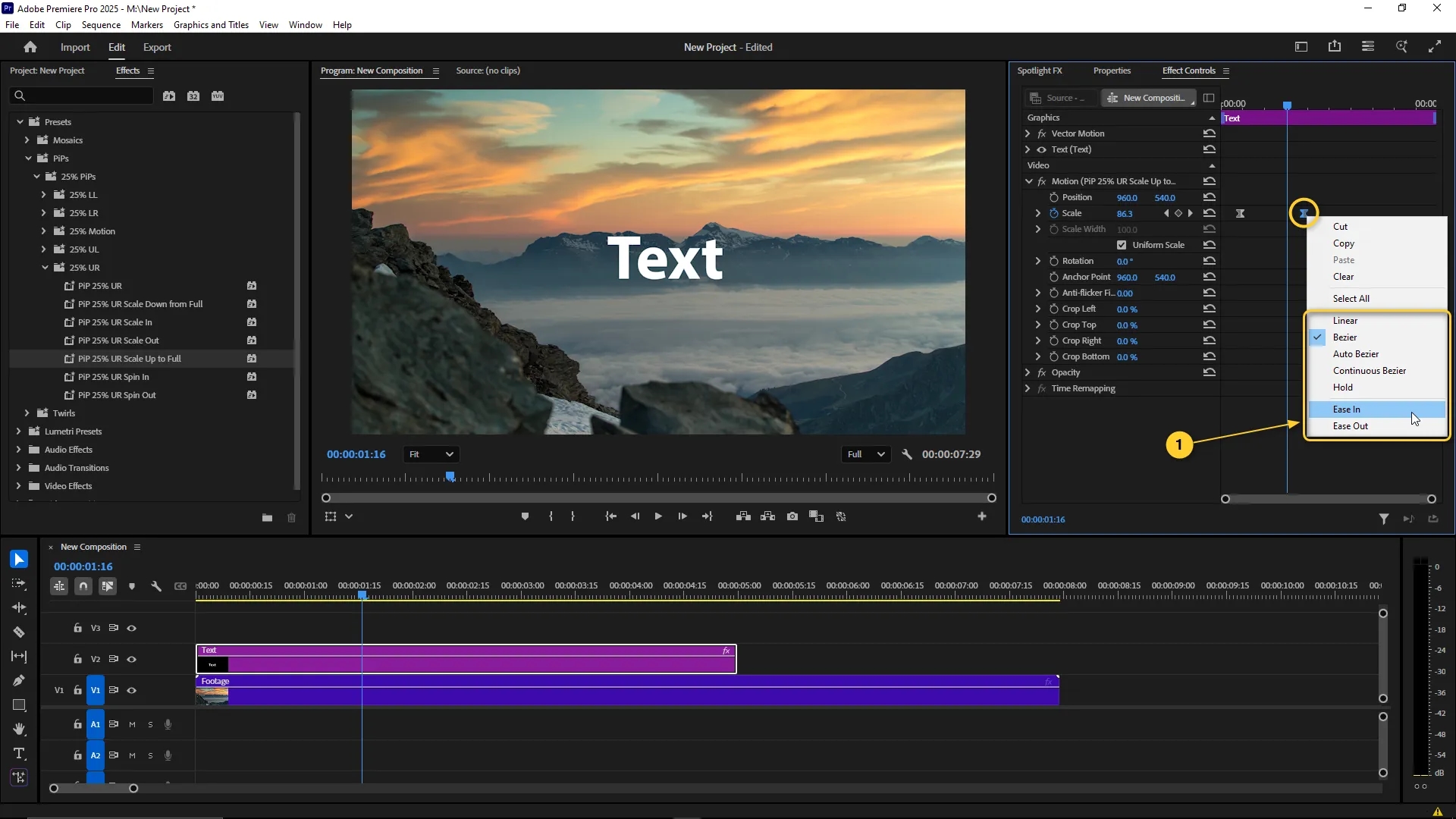 Keyframe selected in the Effect Controls panel with context menu open showing interpolation options, and "Ease In" selected for smoother text animation.