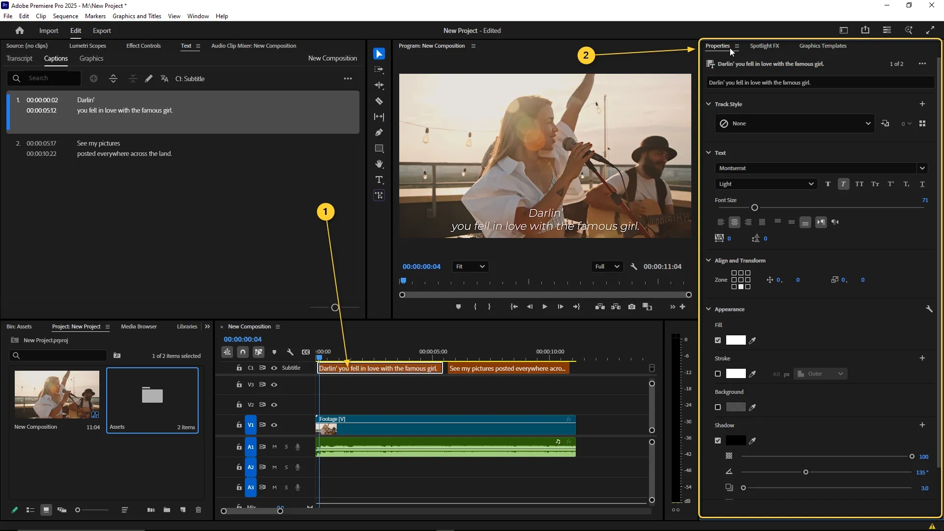 Captions panel displaying subtitle text with corresponding caption blocks on the timeline and preview monitor showing styled subtitles over video.