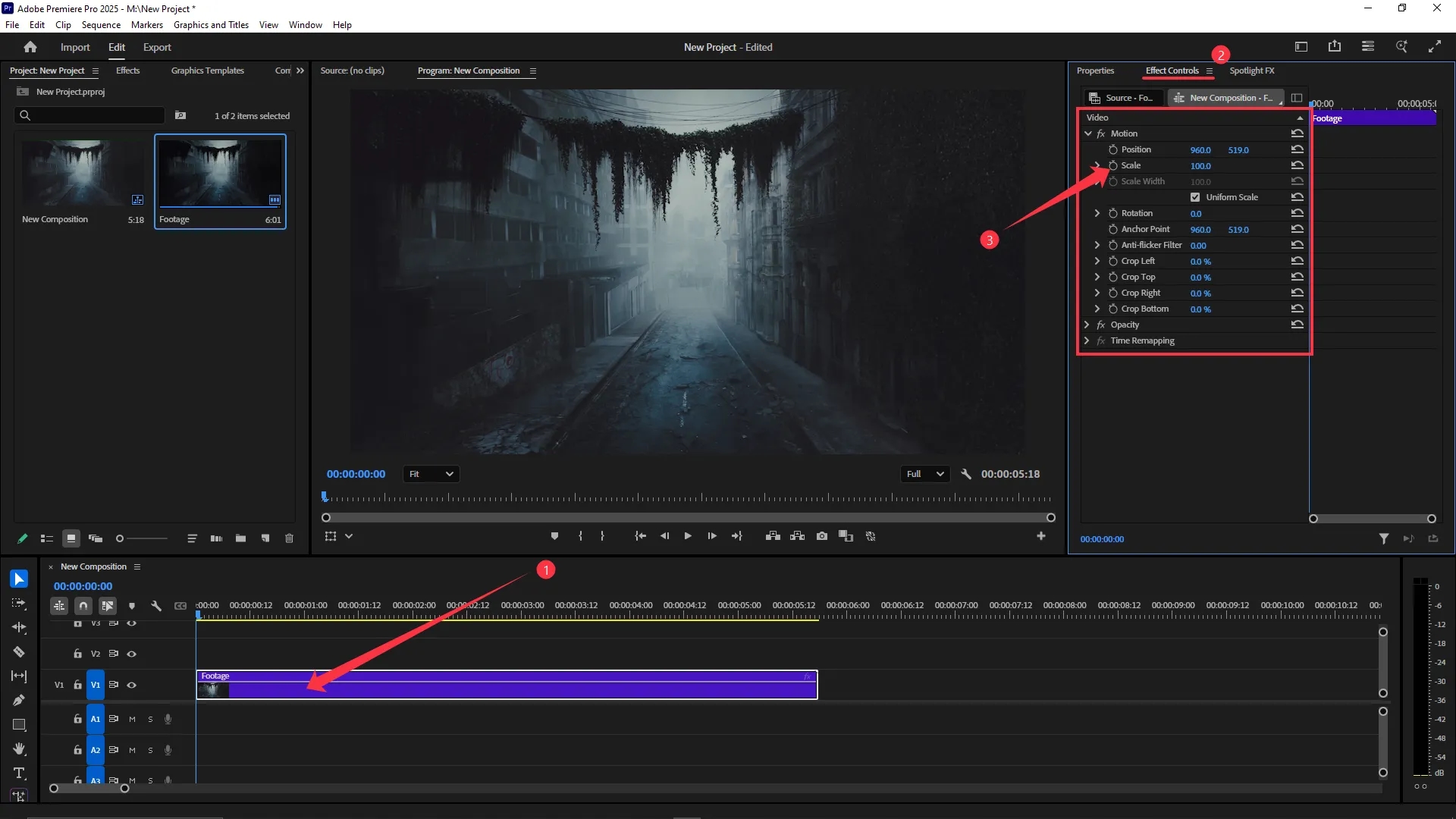 The Effect Controls panel is open showing video properties like Position, Scale, and Rotation with stopwatch icons for keyframing. A video clip is selected in the timeline and the playhead is positioned at the start of the clip.