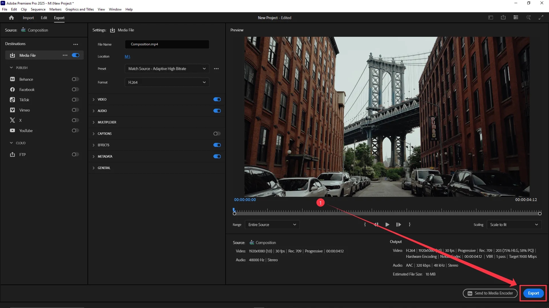 Premiere Pro export window with the Export button highlighted in the bottom right corner, showing video preview and output settings.