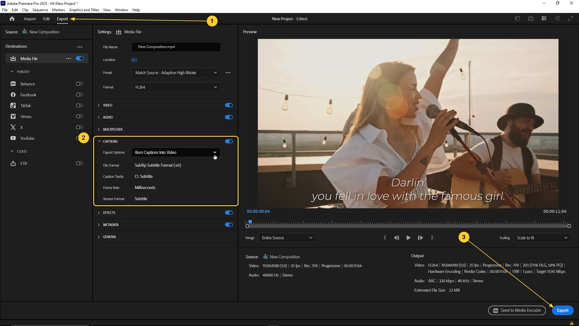 Export settings panel in Premiere Pro with Captions section expanded showing Burn Captions Into Video selected and Export button highlighted.