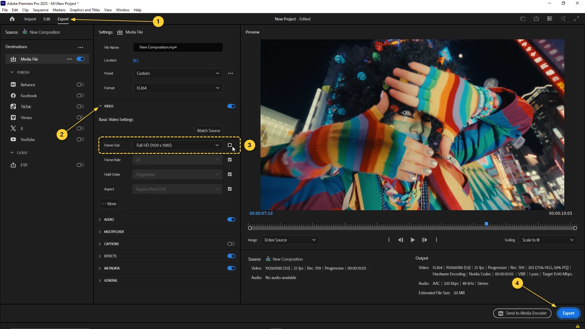 Export settings panel in Premiere Pro with frame size set to Full HD 1920x1080 under Basic Video Settings and the Export button highlighted.