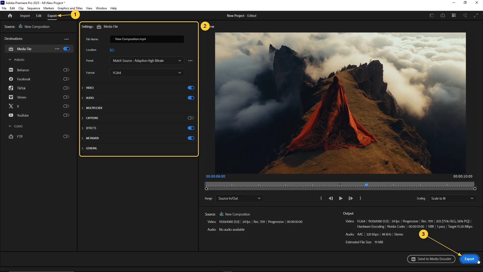 Premiere Pro export workspace with H.264 format selected, export settings visible on the left, and the Export button highlighted at the bottom right.